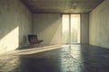 Minimalist Room with Concrete Walls, Large Window, and Single Chair bathed in Sunlight Royalty Free Stock Photo