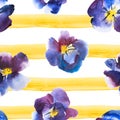 High Quality Watercolor Seamless Pattern Violet and Blue Flower of Pansy on a yellow striped background, Hand drawn design