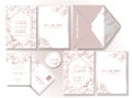 Set of Rose gold leaf pattern wedding invitation card White tone background .rsvp card. Envelope. Sweet, elegant, suitable for new