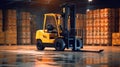 High Rack Stacker Forklift in Distribution Warehouse, Warehouse full of goods and a forklift in action, Trade and logistics