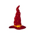 High red magician hat with golden ribbon. Vector illustration on white background. Royalty Free Stock Photo