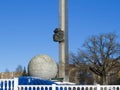 High relief with the image of the first cosmonaut of the world Yuri Gagarin on a high stele.