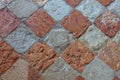 high res earth tone geometric square tiles pattern decorative pale marble mosaic floor detail extreme close up