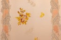 High res elegant pale light pink intricate hand stitched floral designs vintage victorian fabric wallpaper background close up