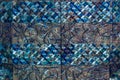 High res elegant and vibrant multi tone blue and gray silk fabric with geometrical embroidery texture background