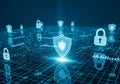 Cybersecurity shield protecting digital data network infrastructure and future technology grid Royalty Free Stock Photo