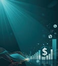 Modern Abstract Digital Illustration Financial Growth Dollar Signs Bar Graphs Dark Teal Background - Royalty Free Stock Photo