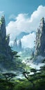 Ethereal Anime Landscape: Mountain, Trees, And Grass