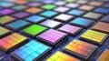 High resolution array of multicolored silicon microchip patterns, symbolizing modern electronics, semiconductor technology, and
