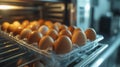 High-resolution close-up of eggs in a plastic tray inside a refrigerator, featuring sharp focus and a clean composition Royalty Free Stock Photo