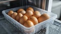 High-resolution close-up of eggs in a plastic tray inside a refrigerator, featuring sharp focus and a clean composition Royalty Free Stock Photo