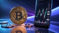 Bitcoin Coins and Smartphone with Cryptocurrency Trading Graphs â Futuristic Concept Royalty Free Stock Photo