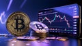 Bitcoin Coins and Smartphone with Cryptocurrency Trading Graphs â Futuristic Concept Royalty Free Stock Photo