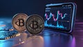 Bitcoin Coins and Smartphone with Cryptocurrency Trading Graphs â Futuristic Concept Royalty Free Stock Photo