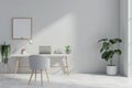 Minimalist home office interior with blank frame and potted plants Royalty Free Stock Photo