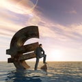 High resolution conceptual currency euro symbol and 3D businessman sinking in ocean as a concept for European crisis