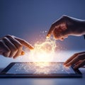 Conceptual illustration of collaborative human hands digitally shaping a glowing golden geometric mesh emerging from a tablet, sym Royalty Free Stock Photo