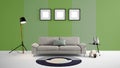 High resolution 3d illustration with green and fade green color wall background and furniture.