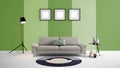 High resolution 3d illustration with green and light green color wall background and furniture.