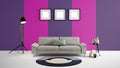 High resolution 3d illustration with pink and purple color wall background and furniture.