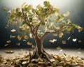 This is a high-resolution 3d render of a rooted tree with a thick stock that is growing currency for it's leaves