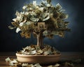 This is a high-resolution 3d render of a rooted tree with a thick stock that is growing currency for it's leaves