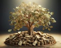 This is a high-resolution 3d render of a rooted tree with a thick stock that is growing currency for it's leaves