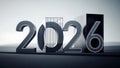 Futuristic 2026 number display with reflective metallic surface on minimalist gradient background for new year celebration Royalty Free Stock Photo
