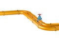 High resolution 3D yellow Industrial pipeline with blue valves on white background