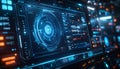 High resolution digital interface display on a futuristic spacecraft bridge showing complex real time data streams circular radar Royalty Free Stock Photo