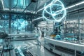 High-Resolution Futuristic Command Center with a High-Tech Table and Interactive Tech-Infused Walls