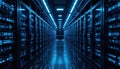 Futuristic Blue LED Data Center Server Racks - High-Tech Infrastructure Digital Solutions Marketing Royalty Free Stock Photo