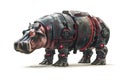 High-resolution, futuristic rendering of an armored hippopotamus with robotic enhancements and glowing red accents, showcasing
