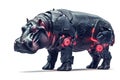 High-resolution, futuristic rendering of an armored hippopotamus with robotic enhancements and glowing red accents.