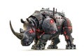 High-resolution, futuristic rendering of an armored rhinoceros with robotic enhancements and glowing red accents, showcasing