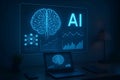 A high-resolution, futuristic workspace with a sleek AI-themed setup