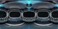 High resolution HDRI panoramic view of dark spaceship interior. 360 panorama reflection mapping of a futuristic spacecraft room 3D Royalty Free Stock Photo