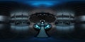 High resolution HDRI view of a dark blue futuristic landing strip spaceship interior. 360 panorama reflection mapping of a huge