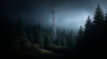 Communications Mast Rising Above Conifer Canopy in Misty Cinematic Setting Royalty Free Stock Photo