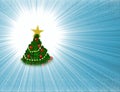 High resolution illustration of Merry Christmas Tree decorated with golden star and colour bulb lights on light blue supernova bac