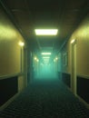 A stunning image of analog-horror hotel corridor, endless perspective, dirty teal carpet with 90s geometric Royalty Free Stock Photo