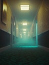 A stunning image of analog-horror hotel corridor, endless perspective, dirty teal carpet with 90s geometric Royalty Free Stock Photo