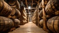 Barrels of bourbon resting in a climate controlled warehouse. Royalty Free Stock Photo