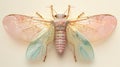 High-Resolution Image of a Cicada with Broad Wings and Compact Body Adorned with Delicate Pastel Gemstones in Pink to
