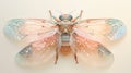 High-Resolution Image of a Cicada with Broad Wings and Compact Body Adorned with Delicate Pastel Gemstones in Pink to