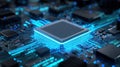 Concept CPU microchip for ai and data network. Close-up view of modern chip gpu card with circuit blue neon Royalty Free Stock Photo
