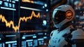 Robot trader looking worried during a market decline with glowing stock chart in the background