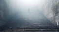 Lone Man Ascending Fog-Enshrouded Stairs in Search of Life\'s Mysteries. Generative Ai