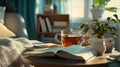 High resolution image of a digital detox scene featuring books and tea, with no electronic devices present, Generated AI Royalty Free Stock Photo