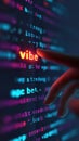 Finger touching screen with code, highlighting \'vibe coding\' and \'accept\' button. Royalty Free Stock Photo